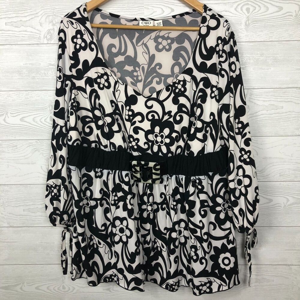 Cato Women's 18/20W Floral Print Scoop Neck Blouse Long Sleeve Black White Shirt